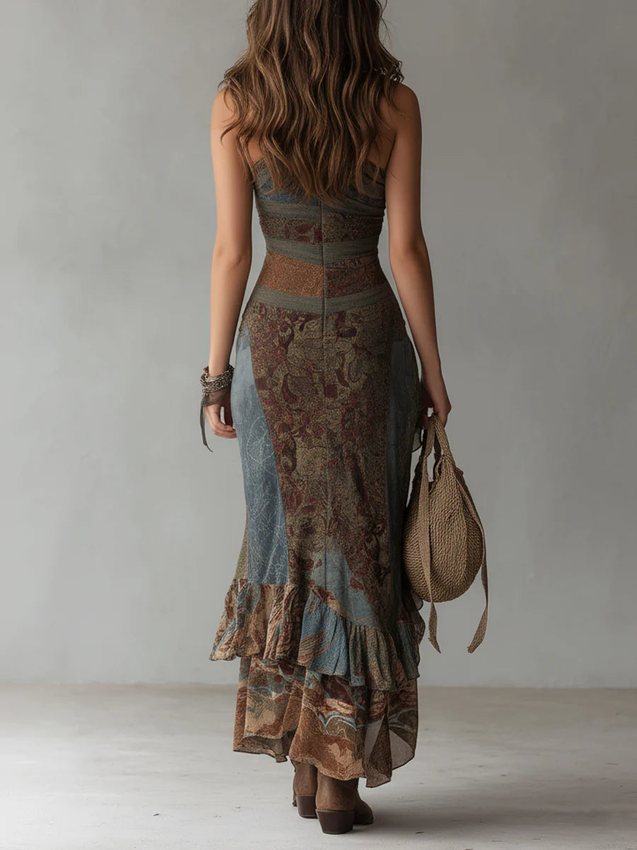 HELEN| Vestido largo asimétrico estampado de estilo étnico con abertura alta