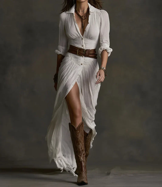 JESS | Vestido Maxi Largo de Lino con Cuello Invertido