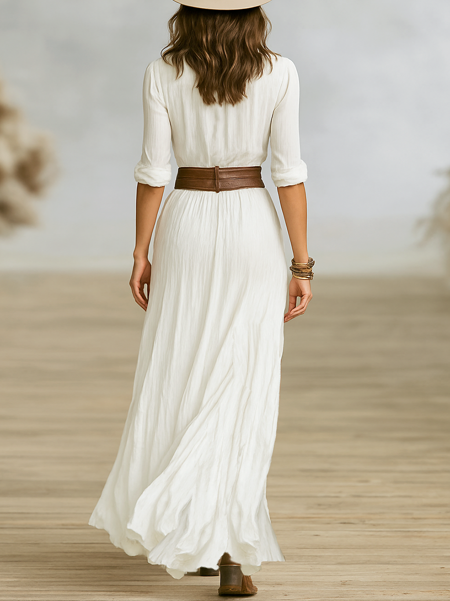 JESS | Vestido Maxi Largo de Lino con Cuello Invertido