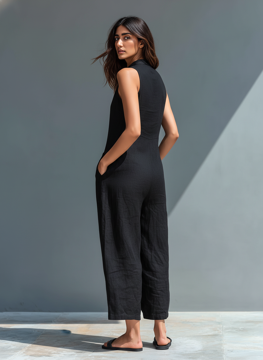 Salma| Mono holgado sin mangas de mujer, en mezcla de lino y estilo minimalista