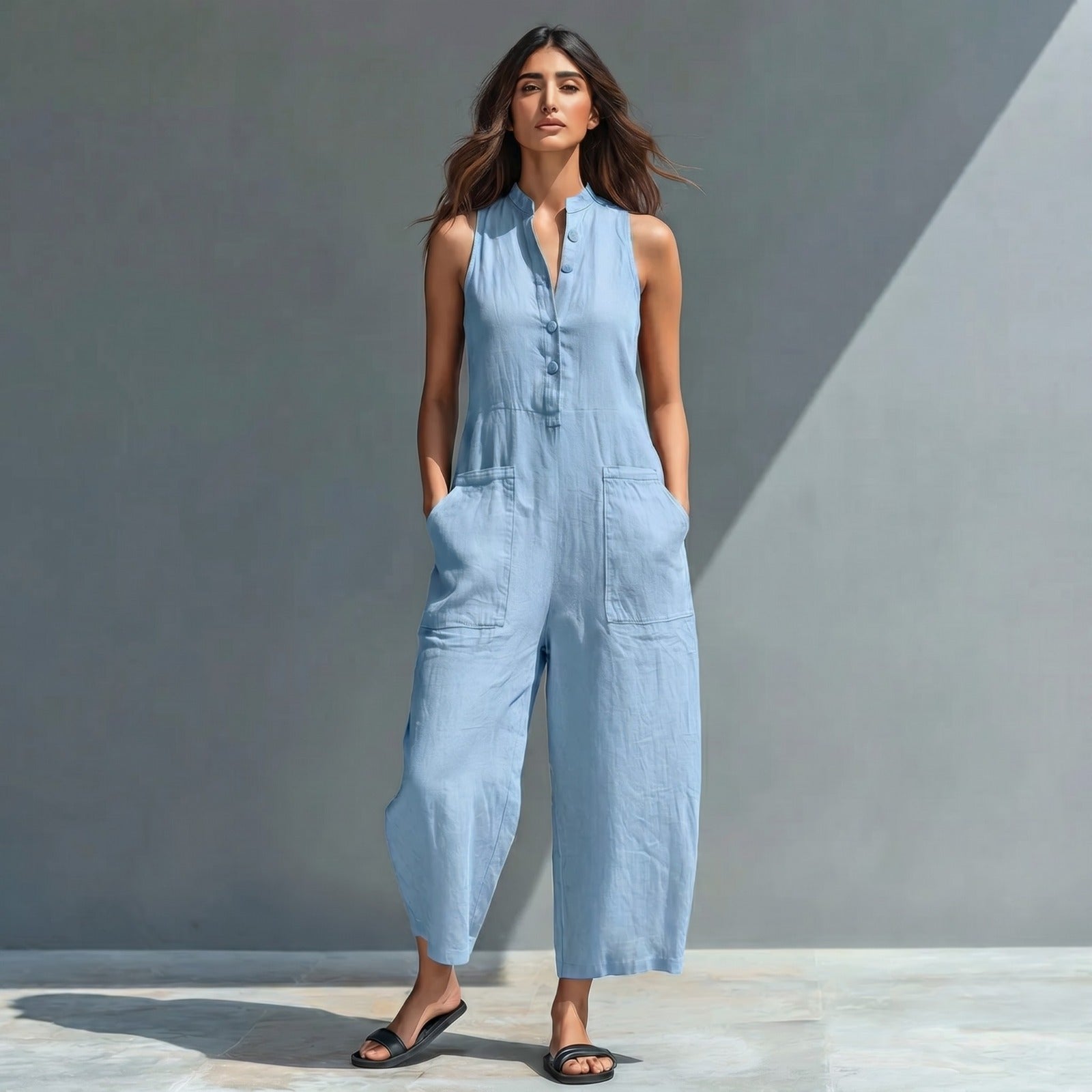 Salma| Mono holgado sin mangas de mujer, en mezcla de lino y estilo minimalista
