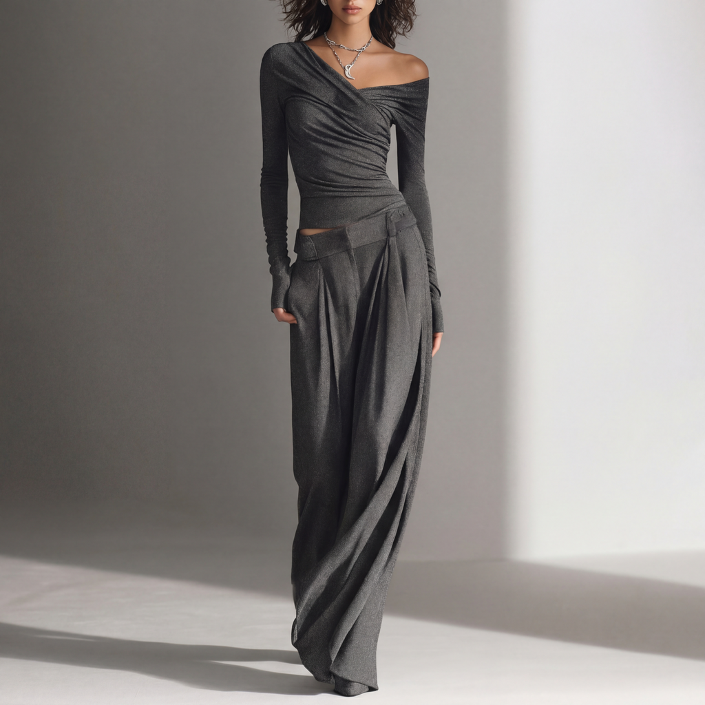 REBEL | Conjunto Gris Carbón Top Asimétrico Off-Shoulder y Pantalón Wide Leg Elegante