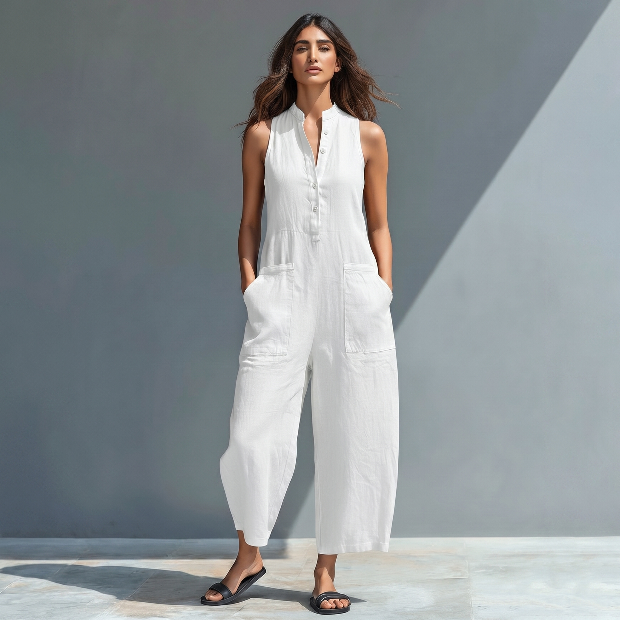 Salma| Mono holgado sin mangas de mujer, en mezcla de lino y estilo minimalista