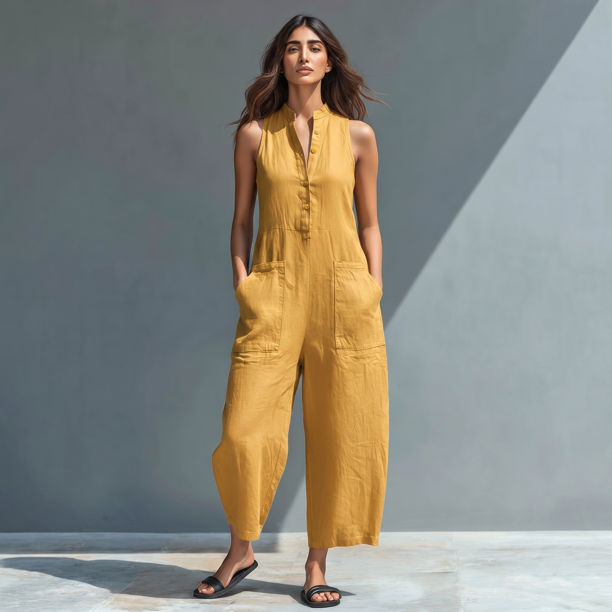 Salma| Mono holgado sin mangas de mujer, en mezcla de lino y estilo minimalista
