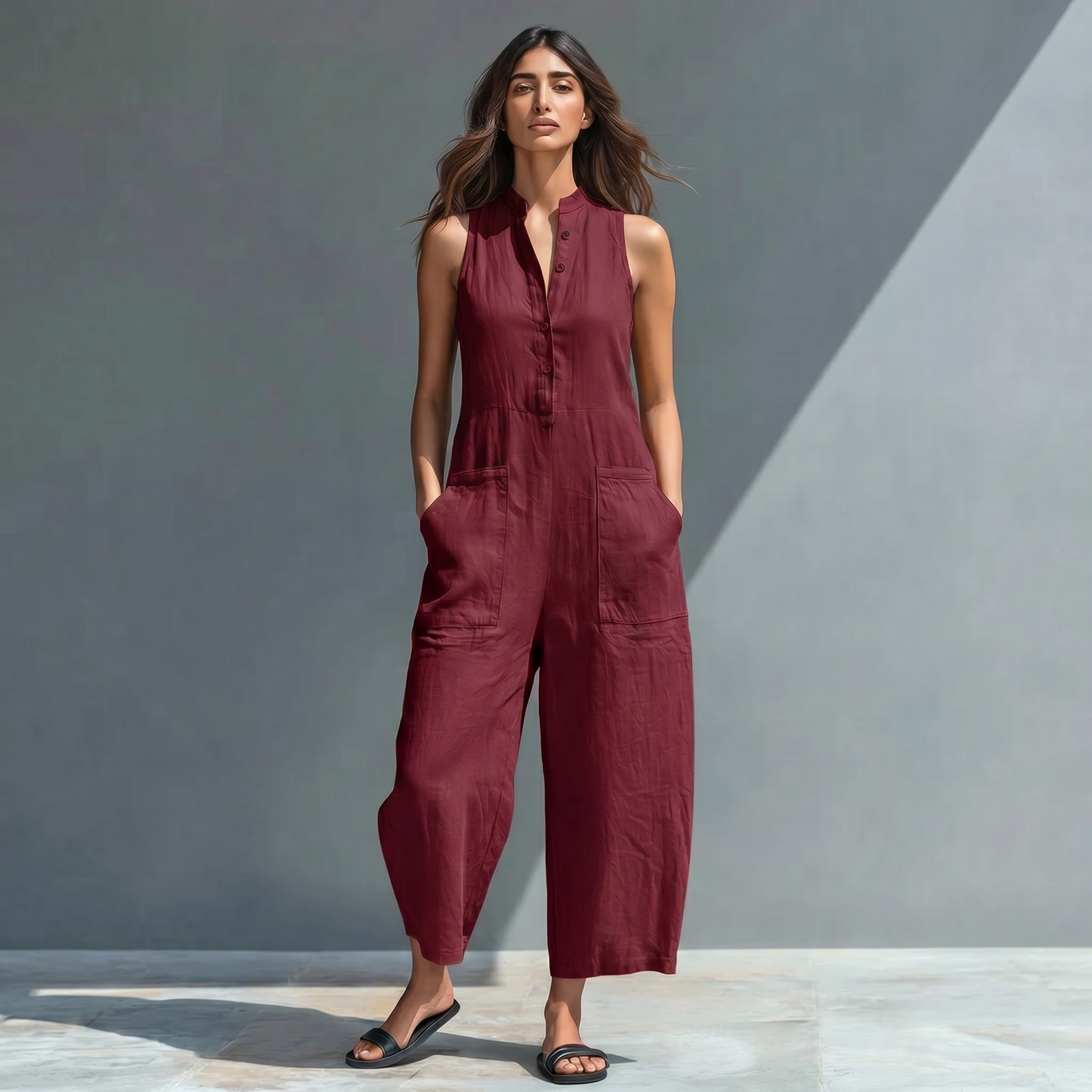 Salma| Mono holgado sin mangas de mujer, en mezcla de lino y estilo minimalista